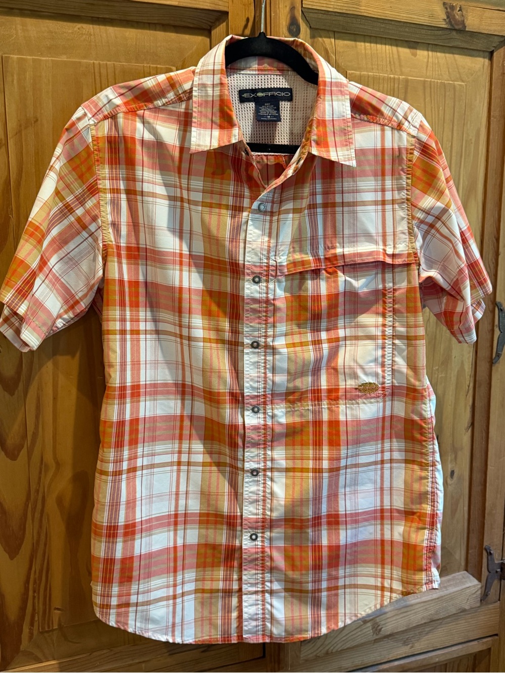 Exofficio Men’s Orange and White Plaid Short-Sleeve Button-Down Shirt, M